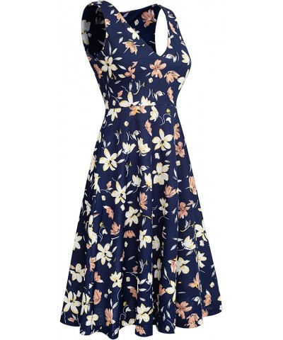 Women's Deep V Neck Casual Cocktail Skater Dress with Pockets A293 Dark Blue/Floral $15.84 Dresses