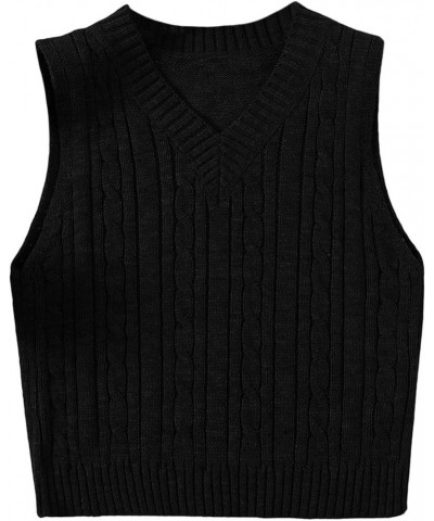 Women's Plaid Geo Sleeveless V Neck Knit Crop Top Sweater Vest Solid Black $16.45 Sweaters