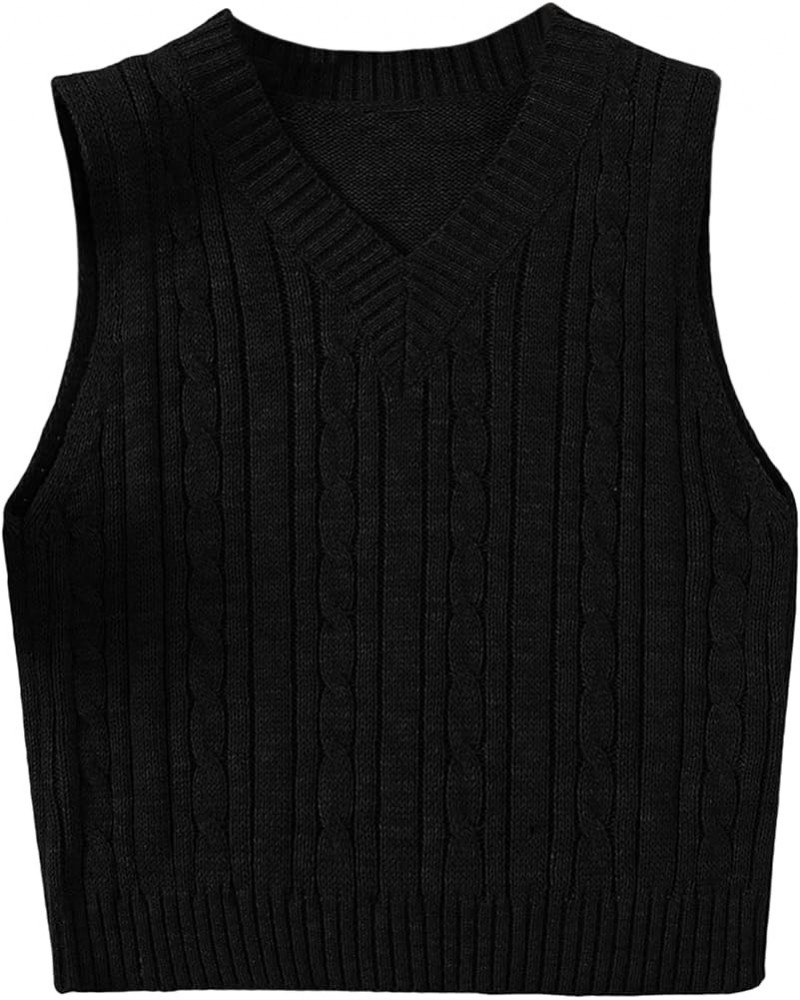 Women's Plaid Geo Sleeveless V Neck Knit Crop Top Sweater Vest Solid Black $16.45 Sweaters