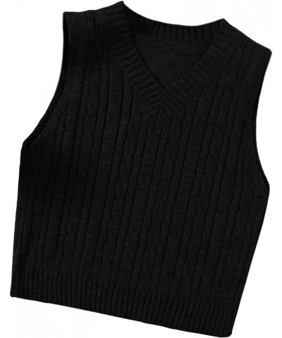 Women's Plaid Geo Sleeveless V Neck Knit Crop Top Sweater Vest Solid Black $16.45 Sweaters