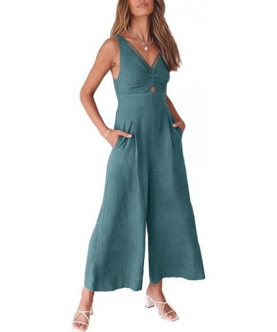 Women's Summer Wide Leg Jumpsuits V Neck Sleeveless High Waist Vacation Linen Rompers Dressy Lake Blue $20.25 Jumpsuits