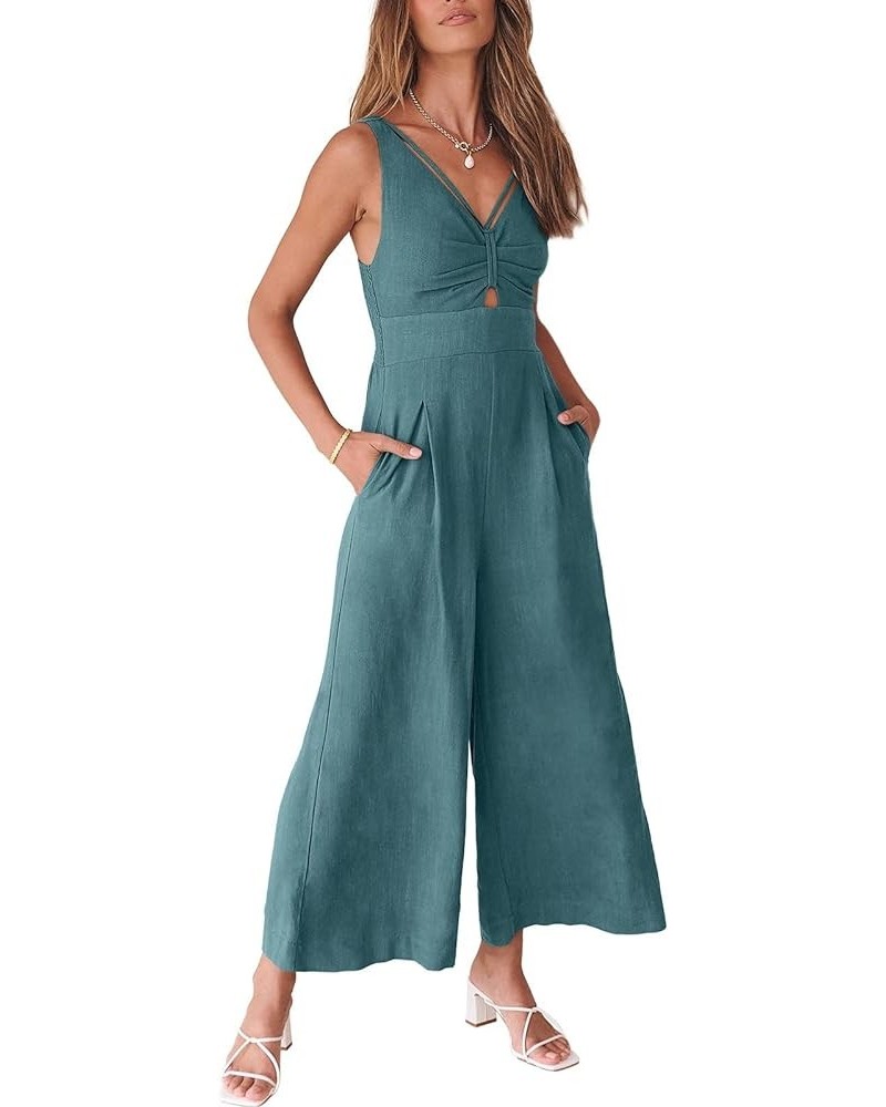 Women's Summer Wide Leg Jumpsuits V Neck Sleeveless High Waist Vacation Linen Rompers Dressy Lake Blue $20.25 Jumpsuits