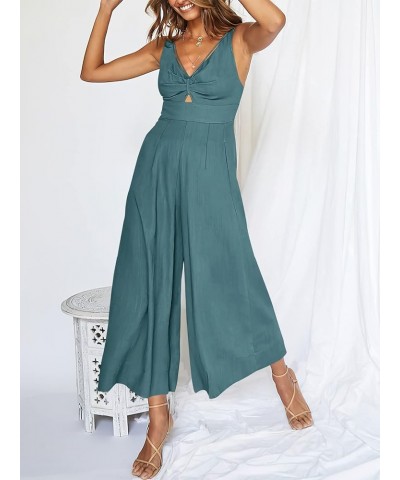 Women's Summer Wide Leg Jumpsuits V Neck Sleeveless High Waist Vacation Linen Rompers Dressy Lake Blue $20.25 Jumpsuits