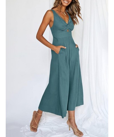 Women's Summer Wide Leg Jumpsuits V Neck Sleeveless High Waist Vacation Linen Rompers Dressy Lake Blue $20.25 Jumpsuits