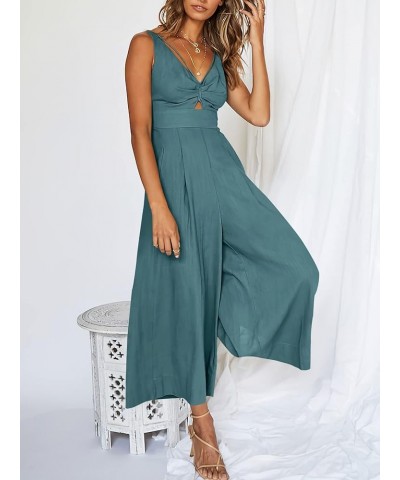 Women's Summer Wide Leg Jumpsuits V Neck Sleeveless High Waist Vacation Linen Rompers Dressy Lake Blue $20.25 Jumpsuits