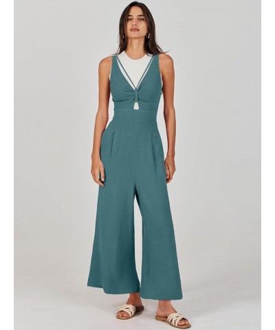 Women's Summer Wide Leg Jumpsuits V Neck Sleeveless High Waist Vacation Linen Rompers Dressy Lake Blue $20.25 Jumpsuits