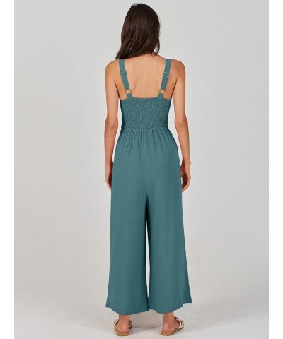 Women's Summer Wide Leg Jumpsuits V Neck Sleeveless High Waist Vacation Linen Rompers Dressy Lake Blue $20.25 Jumpsuits