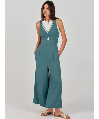 Women's Summer Wide Leg Jumpsuits V Neck Sleeveless High Waist Vacation Linen Rompers Dressy Lake Blue $20.25 Jumpsuits