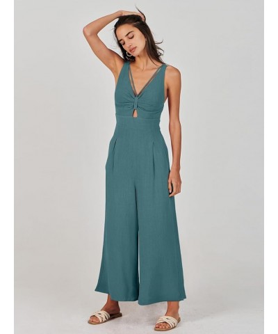 Women's Summer Wide Leg Jumpsuits V Neck Sleeveless High Waist Vacation Linen Rompers Dressy Lake Blue $20.25 Jumpsuits