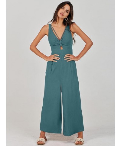 Women's Summer Wide Leg Jumpsuits V Neck Sleeveless High Waist Vacation Linen Rompers Dressy Lake Blue $20.25 Jumpsuits