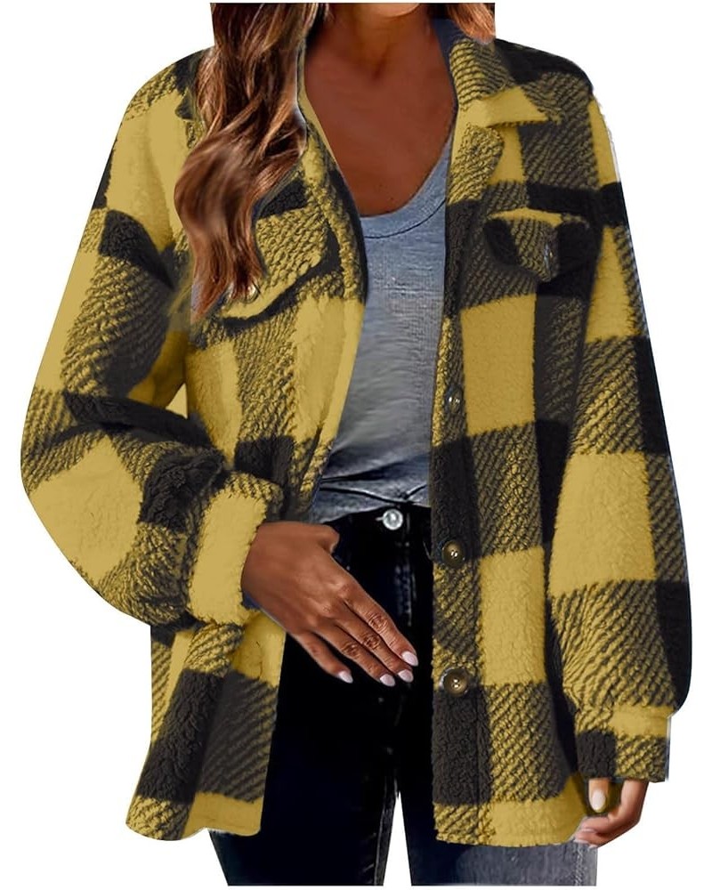 Plaid Shacket Jacket Women Boyfriend Long Sleeve Button Down Shirts 2023 Lapel Casual Fuzzy Fleece Cardigan Coats H02 Yellow ...