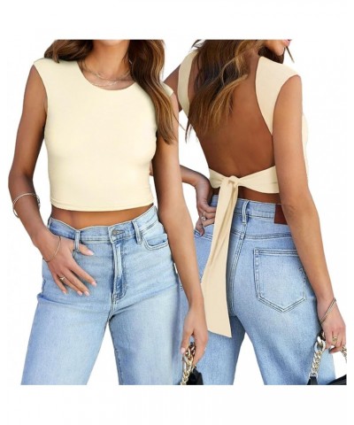 Women Backless Crop Tank Top Tie Back Summer Sexy Going Out Slim Fit Cute Y2K T-Shirts Fashion 2023 Crop Tee Nude $12.25 Tanks