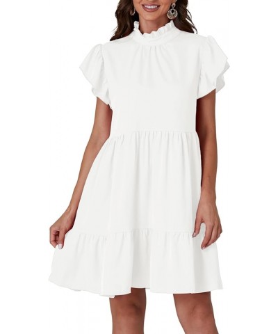 Women's Frill Mock Neck Ruffle Cap Sleeve Flowy Hem A-Line Mini Short Dress White $20.39 Dresses