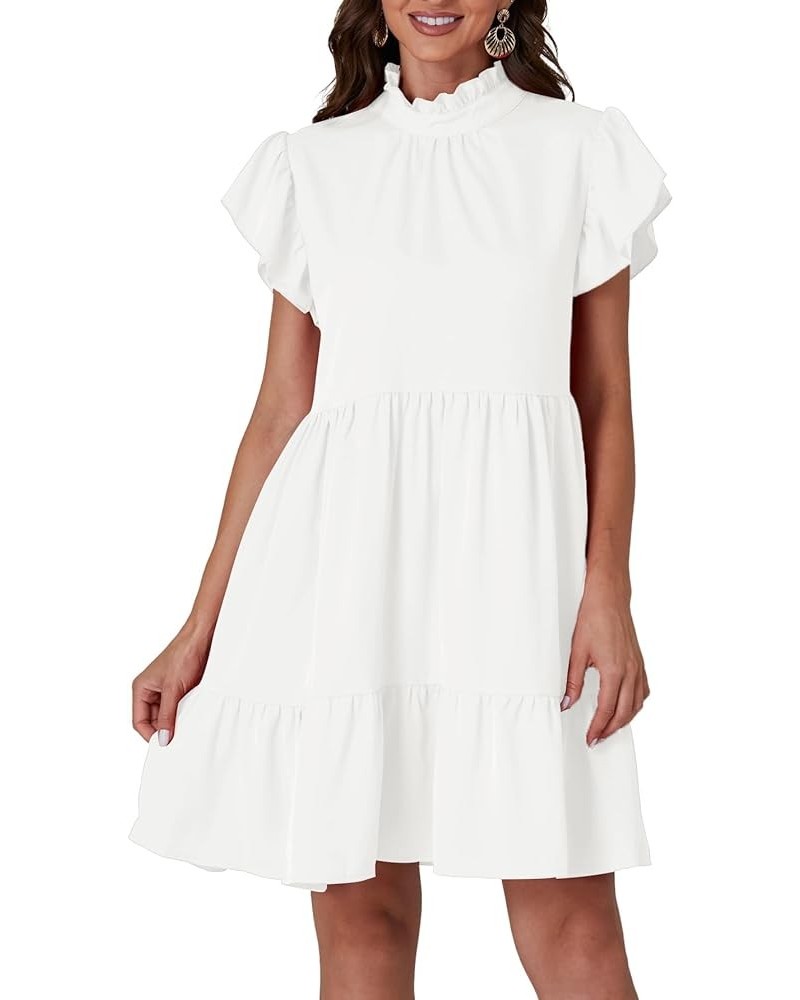 Women's Frill Mock Neck Ruffle Cap Sleeve Flowy Hem A-Line Mini Short Dress White $20.39 Dresses