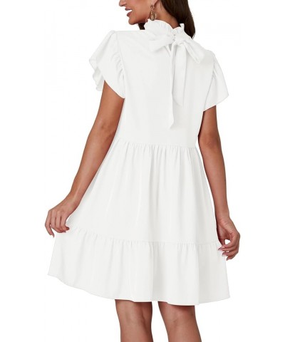 Women's Frill Mock Neck Ruffle Cap Sleeve Flowy Hem A-Line Mini Short Dress White $20.39 Dresses