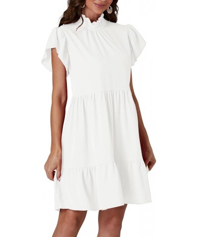 Women's Frill Mock Neck Ruffle Cap Sleeve Flowy Hem A-Line Mini Short Dress White $20.39 Dresses