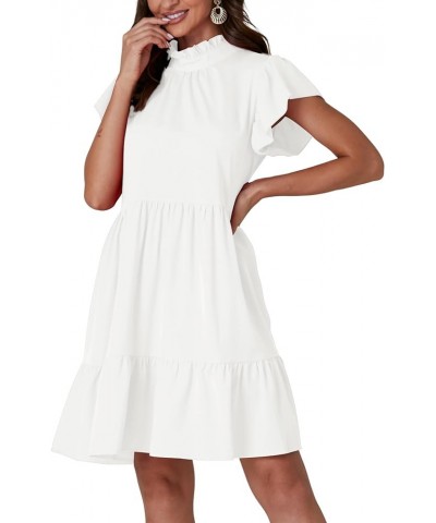 Women's Frill Mock Neck Ruffle Cap Sleeve Flowy Hem A-Line Mini Short Dress White $20.39 Dresses