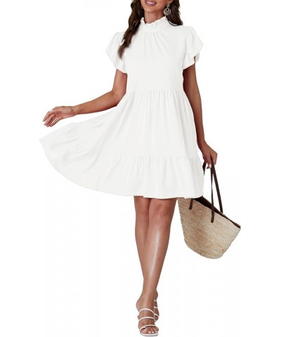 Women's Frill Mock Neck Ruffle Cap Sleeve Flowy Hem A-Line Mini Short Dress White $20.39 Dresses