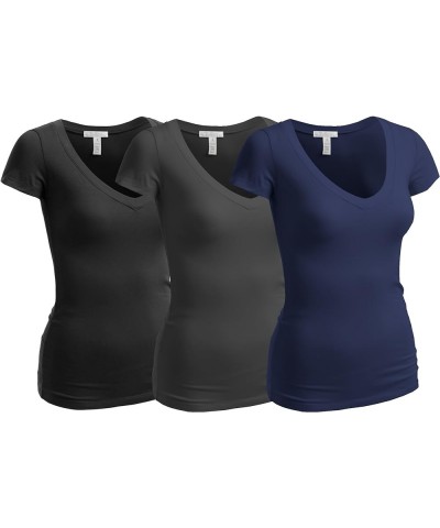 Women's Short Sleeve T Shirt V Neck Tee Junior and Plus Sizes 3pk - True Navy, Charcoal, Black $14.39 T-Shirts