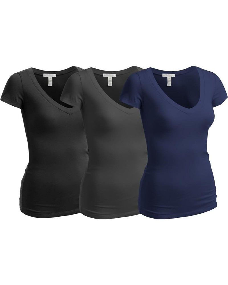 Women's Short Sleeve T Shirt V Neck Tee Junior and Plus Sizes 3pk - True Navy, Charcoal, Black $14.39 T-Shirts