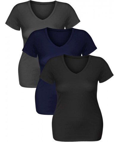 Women's Short Sleeve T Shirt V Neck Tee Junior and Plus Sizes 3pk - True Navy, Charcoal, Black $14.39 T-Shirts