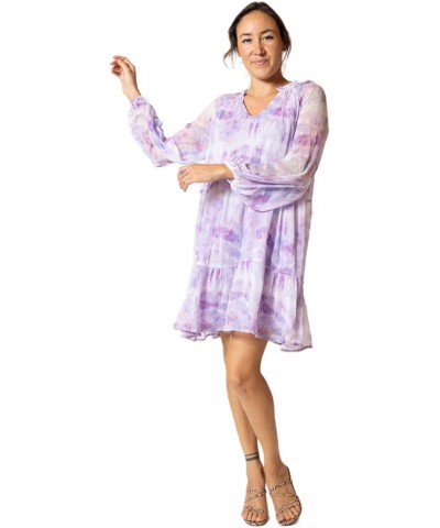 summerballoon Sleeve Flowing Women Dress Purple Tiedye Flower $22.80 Dresses