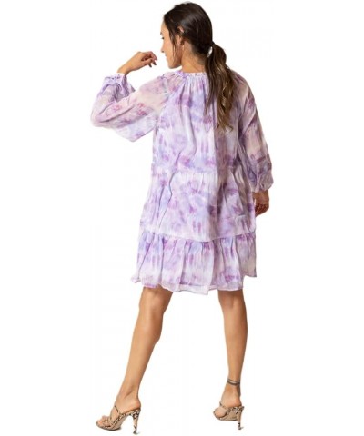 summerballoon Sleeve Flowing Women Dress Purple Tiedye Flower $22.80 Dresses