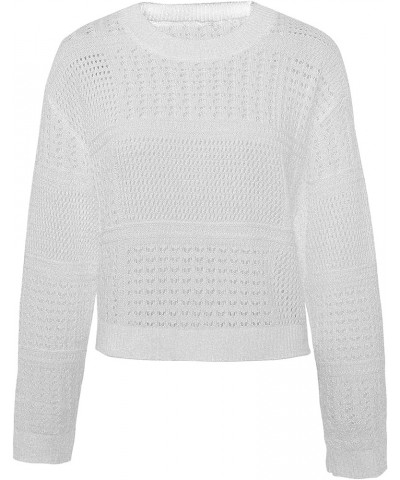 Women's Hollow Out Crew Neck Long Sleeve Loose Knit Short Sweaters Pullover Jumper Blouse Tops White $8.54 Sweaters