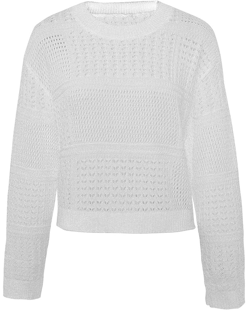 Women's Hollow Out Crew Neck Long Sleeve Loose Knit Short Sweaters Pullover Jumper Blouse Tops White $8.54 Sweaters