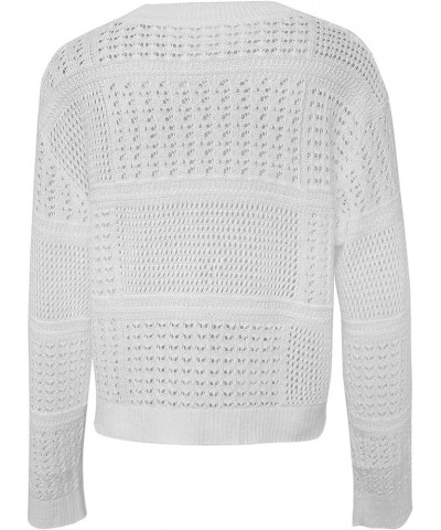 Women's Hollow Out Crew Neck Long Sleeve Loose Knit Short Sweaters Pullover Jumper Blouse Tops White $8.54 Sweaters