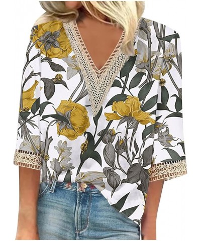 Womens Summer Tops 2023 Lace Deep V Neck Puff 3/4 Sleeve Shirt Fashion Print Blouse Casual Top Comfort Pullover 02-green $9.0...