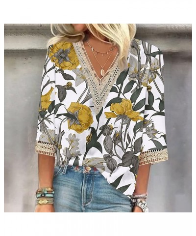 Womens Summer Tops 2023 Lace Deep V Neck Puff 3/4 Sleeve Shirt Fashion Print Blouse Casual Top Comfort Pullover 02-green $9.0...