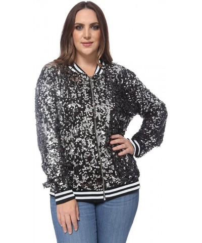 Women's Plus Size Sparkly Jacket Long Sleeve Zip Up Sequin Bomber Jacket Coat Black With White Stripe $22.00 Jackets