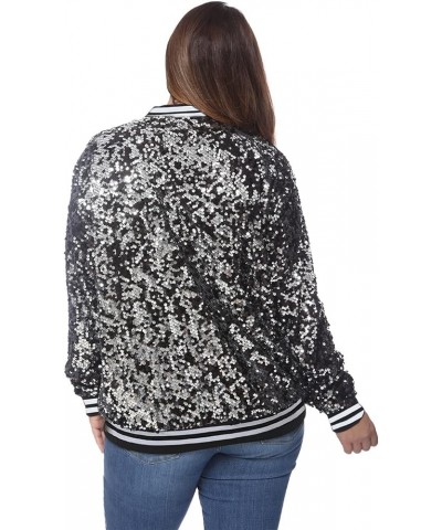 Women's Plus Size Sparkly Jacket Long Sleeve Zip Up Sequin Bomber Jacket Coat Black With White Stripe $22.00 Jackets