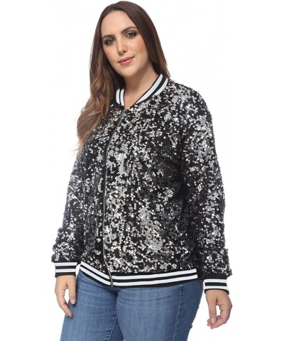 Women's Plus Size Sparkly Jacket Long Sleeve Zip Up Sequin Bomber Jacket Coat Black With White Stripe $22.00 Jackets