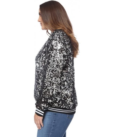 Women's Plus Size Sparkly Jacket Long Sleeve Zip Up Sequin Bomber Jacket Coat Black With White Stripe $22.00 Jackets