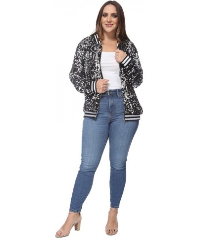 Women's Plus Size Sparkly Jacket Long Sleeve Zip Up Sequin Bomber Jacket Coat Black With White Stripe $22.00 Jackets