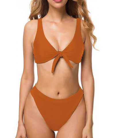 Women's High Waisted Thong Two Piece Bikini Set Tie Front Swimsuit Bathing Suit Deep Orange $11.96 Swimsuits