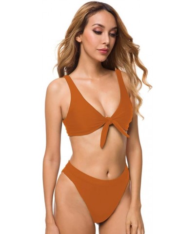 Women's High Waisted Thong Two Piece Bikini Set Tie Front Swimsuit Bathing Suit Deep Orange $11.96 Swimsuits