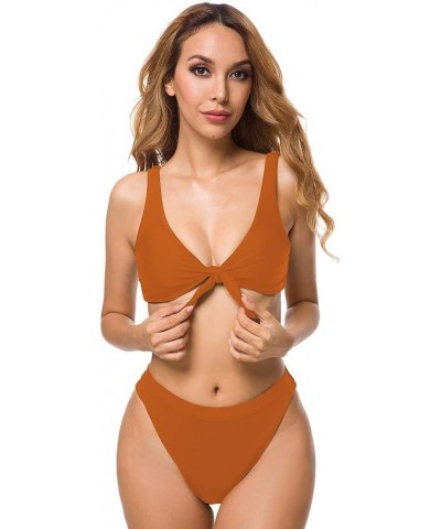 Women's High Waisted Thong Two Piece Bikini Set Tie Front Swimsuit Bathing Suit Deep Orange $11.96 Swimsuits