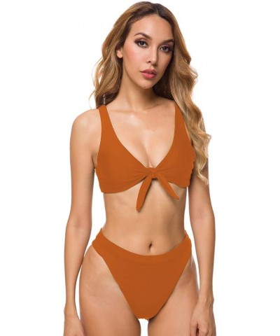 Women's High Waisted Thong Two Piece Bikini Set Tie Front Swimsuit Bathing Suit Deep Orange $11.96 Swimsuits