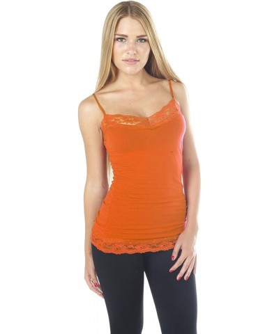 Long Lace Trim Plain Spaghetti Strap Cami Tank Top Orange $9.89 Tanks