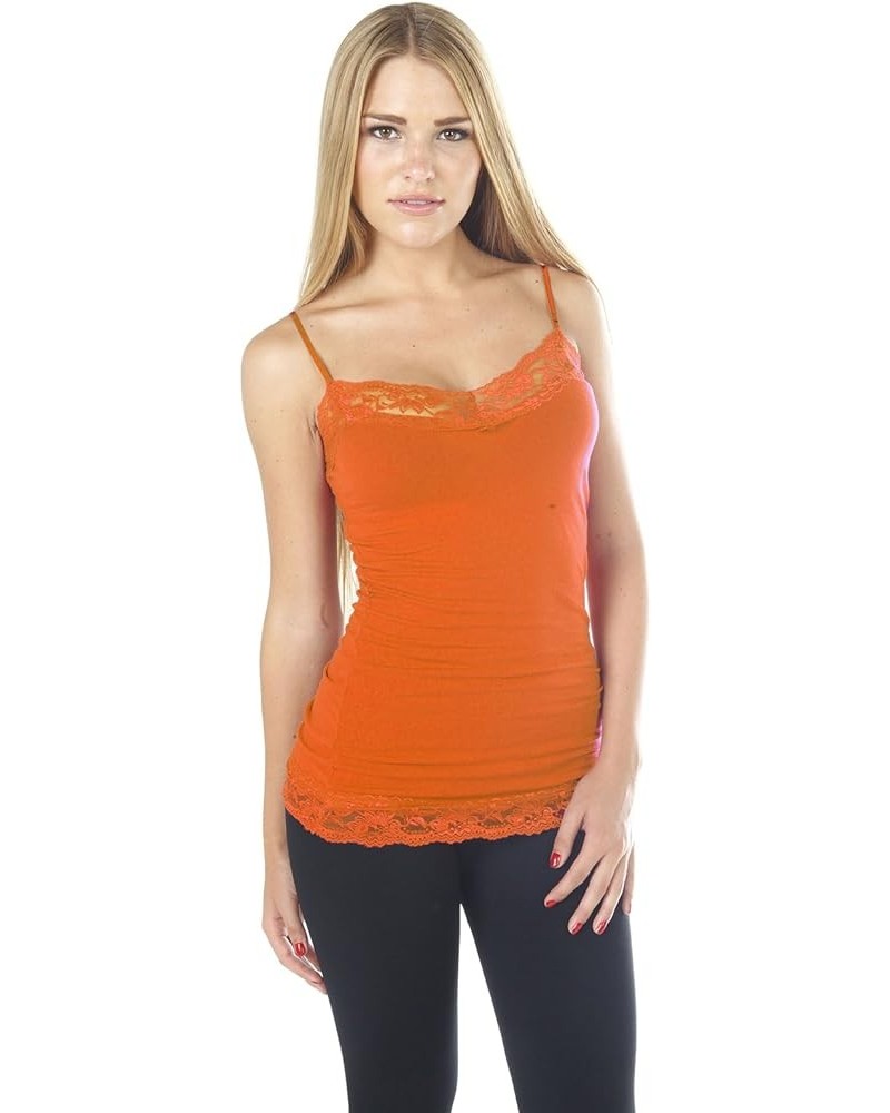 Long Lace Trim Plain Spaghetti Strap Cami Tank Top Orange $9.89 Tanks