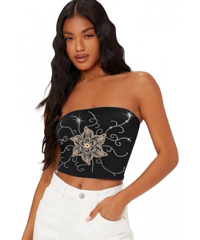 Women's Rhinestone Floral Embroidered Boho Strapless y2k Streetwear Tube Tops M Black $7.64 Tanks