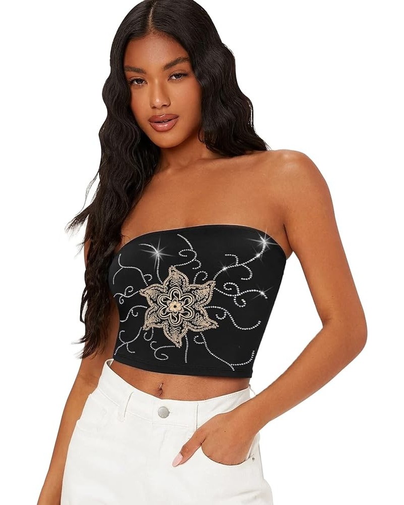 Women's Rhinestone Floral Embroidered Boho Strapless y2k Streetwear Tube Tops M Black $7.64 Tanks