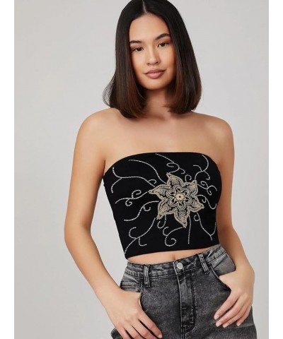 Women's Rhinestone Floral Embroidered Boho Strapless y2k Streetwear Tube Tops M Black $7.64 Tanks