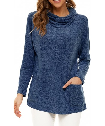 Womens Long Sleeve Cowl Neck Casual Sweatshirts Tunic Tops Blouse with Pockets 10 Dark Blue $11.75 Tops