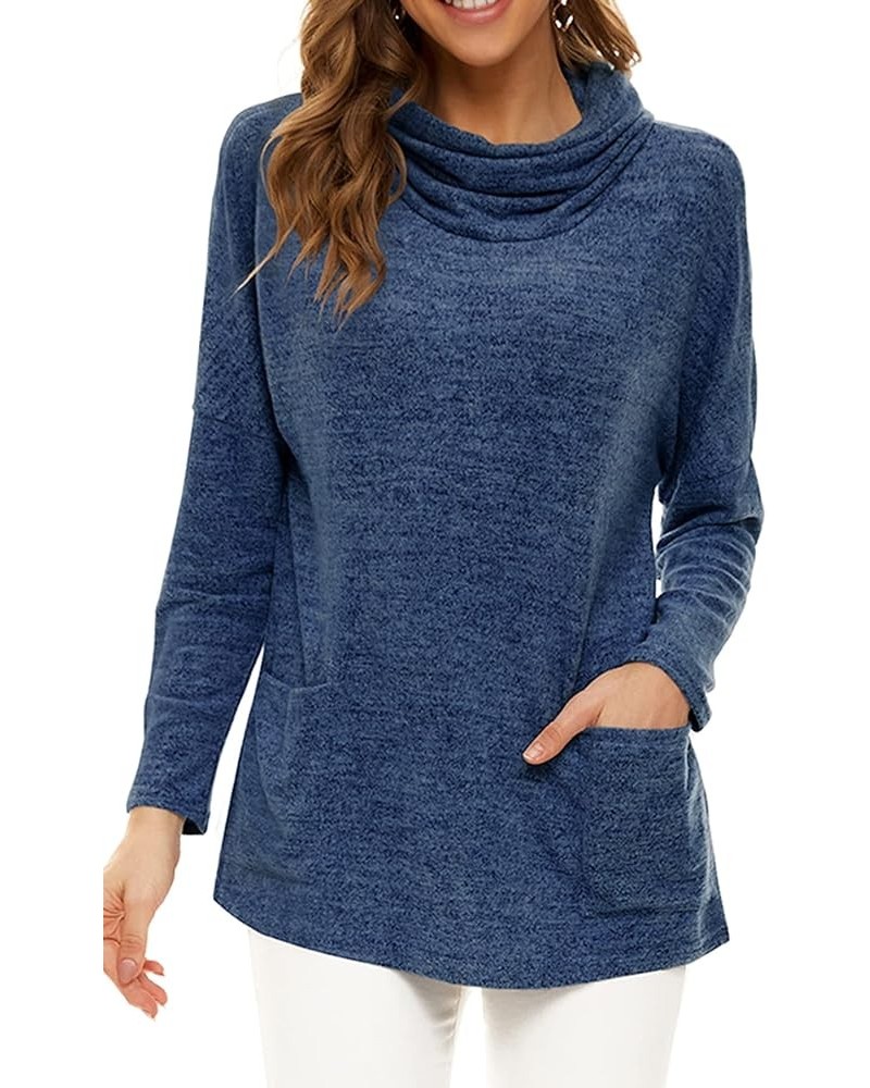 Womens Long Sleeve Cowl Neck Casual Sweatshirts Tunic Tops Blouse with Pockets 10 Dark Blue $11.75 Tops