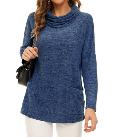 Womens Long Sleeve Cowl Neck Casual Sweatshirts Tunic Tops Blouse with Pockets 10 Dark Blue $11.75 Tops