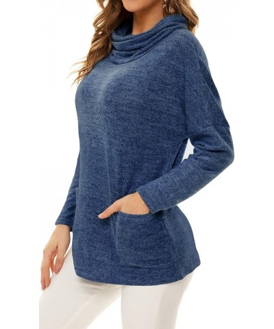 Womens Long Sleeve Cowl Neck Casual Sweatshirts Tunic Tops Blouse with Pockets 10 Dark Blue $11.75 Tops